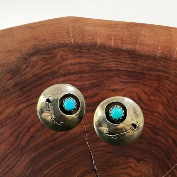 Vintage Native American Sterling Silver Turquoise Shadow Box Earrings - Picture 4 of 7